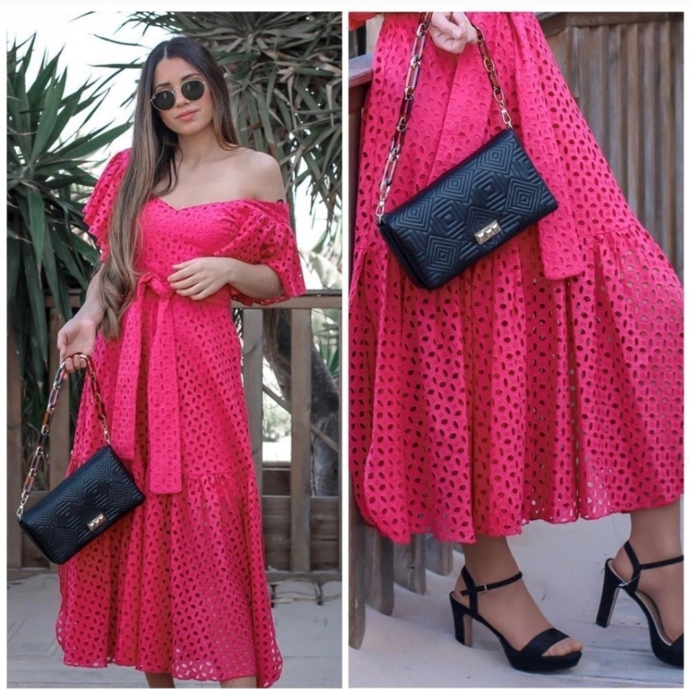 ZARA OPENWORK EMBROIDERED EYELET RUFFLED DRESS FUCHSIA PINK Size  XS